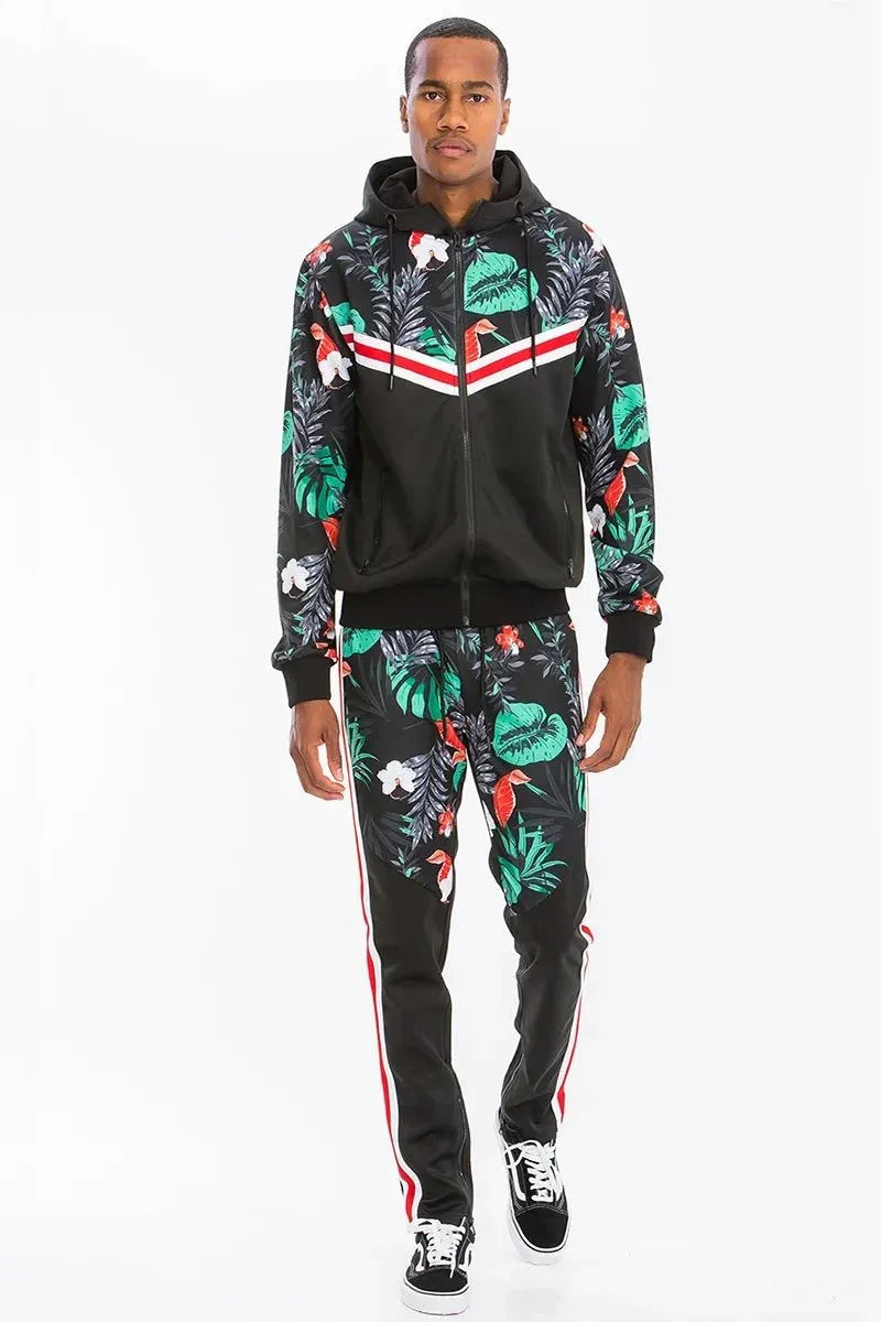 WEIV Men's Tropical Printed Jacket and Drawstring Pants Set - VILLA FASHION