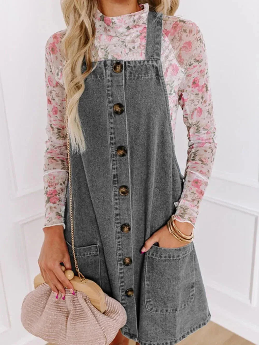 Wide Strap Button Down Denim Overall Dress - VILLA FASHION