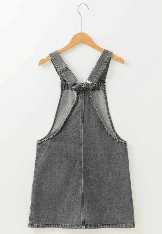 Wide Strap Button Down Denim Overall Dress - VILLA FASHION