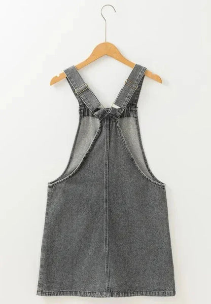 Wide Strap Button Down Denim Overall Dress - VILLA FASHION