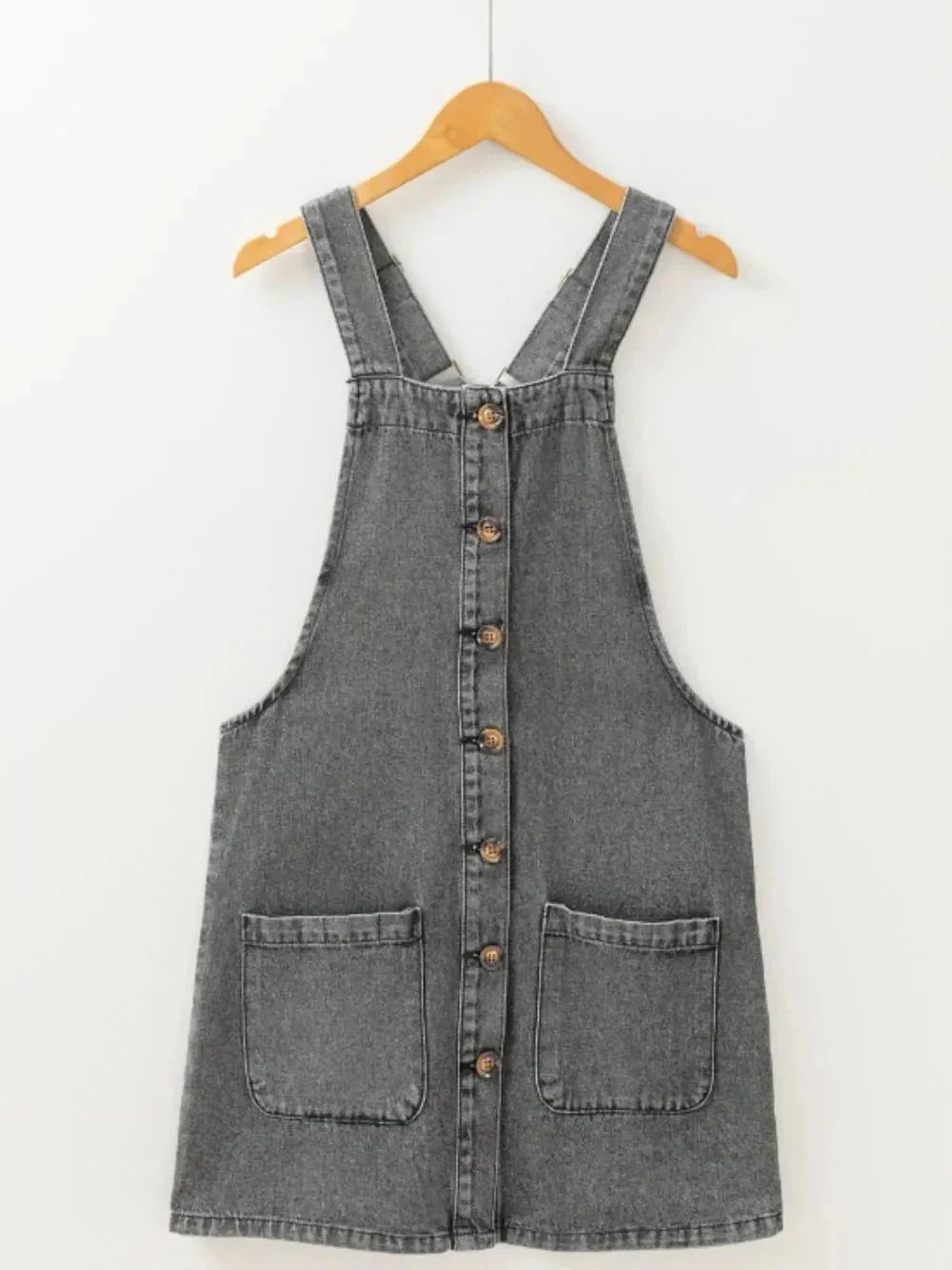 Wide Strap Button Down Denim Overall Dress - VILLA FASHION