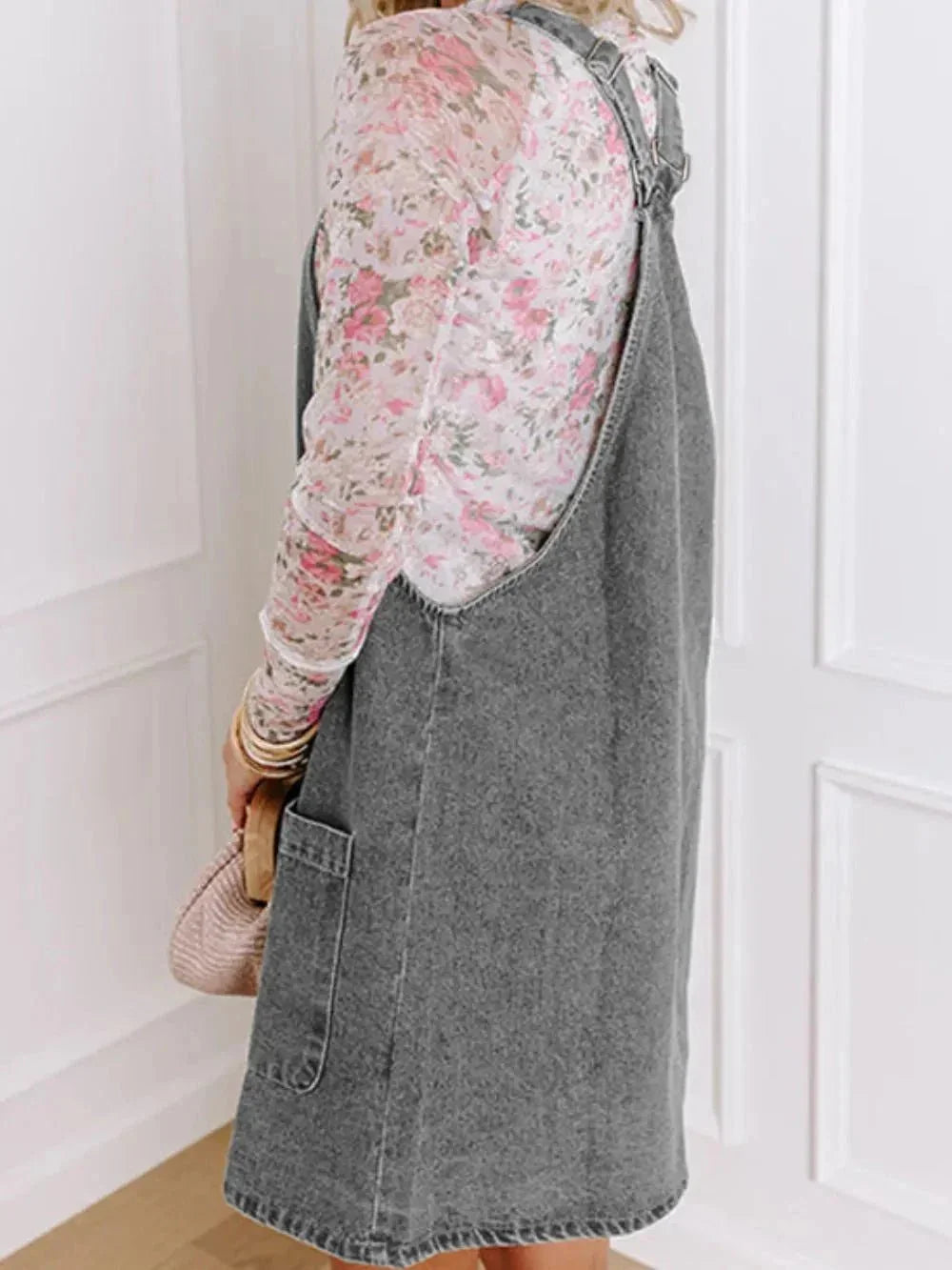 Wide Strap Button Down Denim Overall Dress - VILLA FASHION