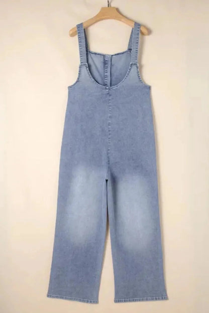 Wide Strap Denim Overalls with Pockets - VILLA FASHION
