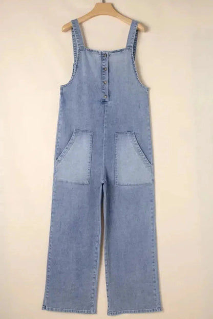 Wide Strap Denim Overalls with Pockets - VILLA FASHION