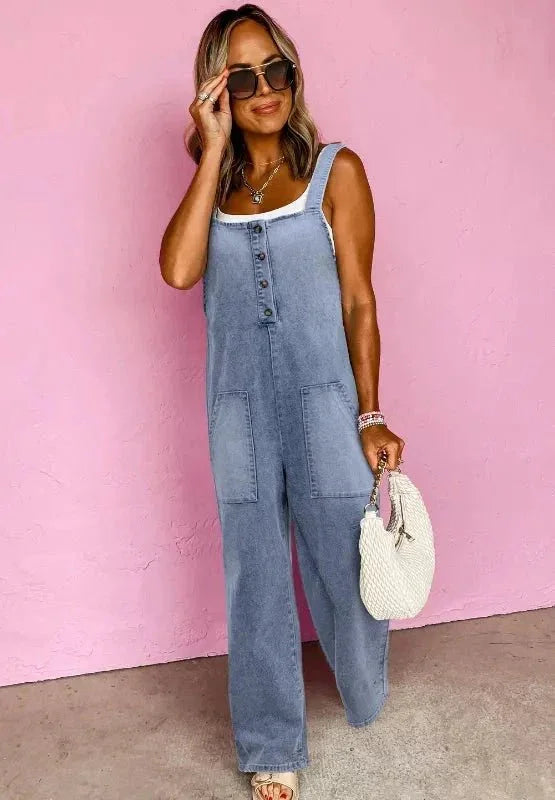 Wide Strap Denim Overalls with Pockets - VILLA FASHION