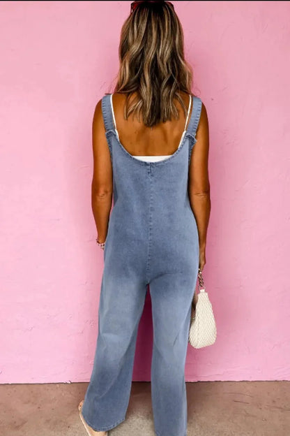 Wide Strap Denim Overalls with Pockets - VILLA FASHION