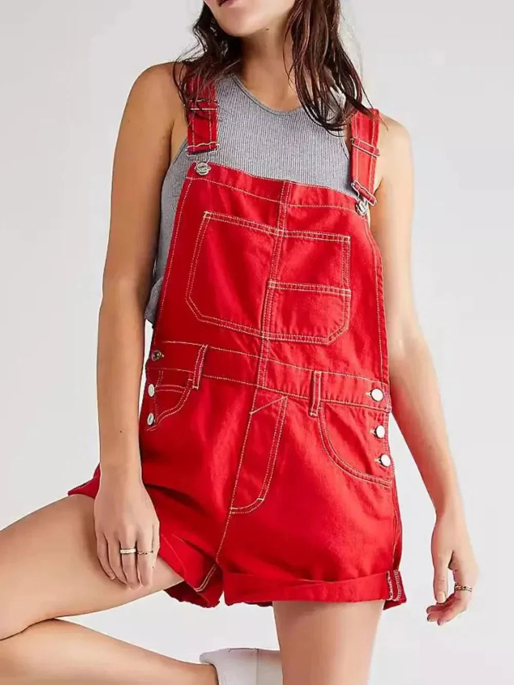 Wide Strap Square Neck Denim Overalls - VILLA FASHION