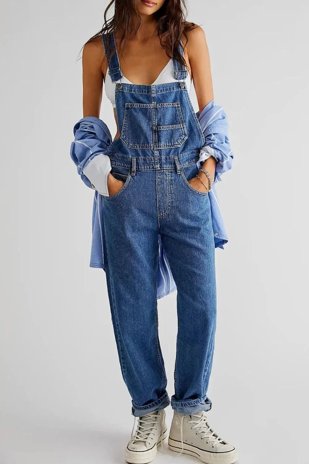 Wide Strap Square Neck Denim Overalls - VILLA FASHION