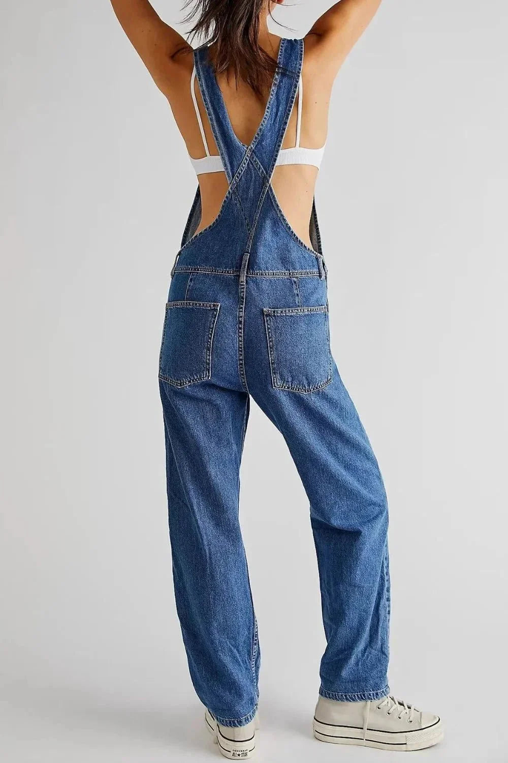 Wide Strap Square Neck Denim Overalls - VILLA FASHION
