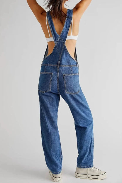 Wide Strap Square Neck Denim Overalls - VILLA FASHION