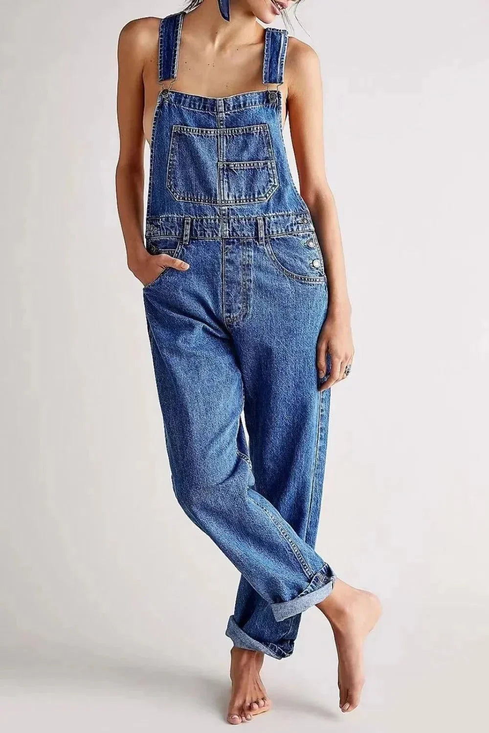 Wide Strap Square Neck Denim Overalls - VILLA FASHION