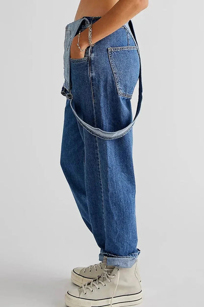 Wide Strap Square Neck Denim Overalls - VILLA FASHION
