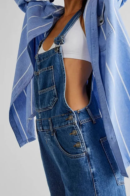 Wide Strap Square Neck Denim Overalls - VILLA FASHION