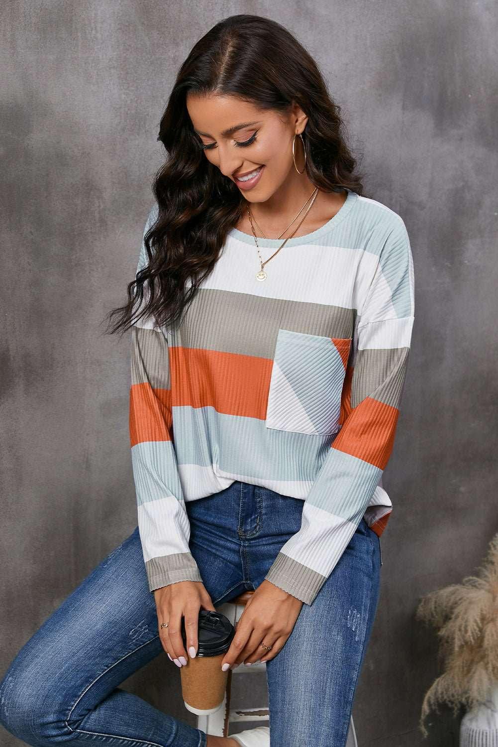 Wide Stripe Top with Pocket - VILLA FASHION