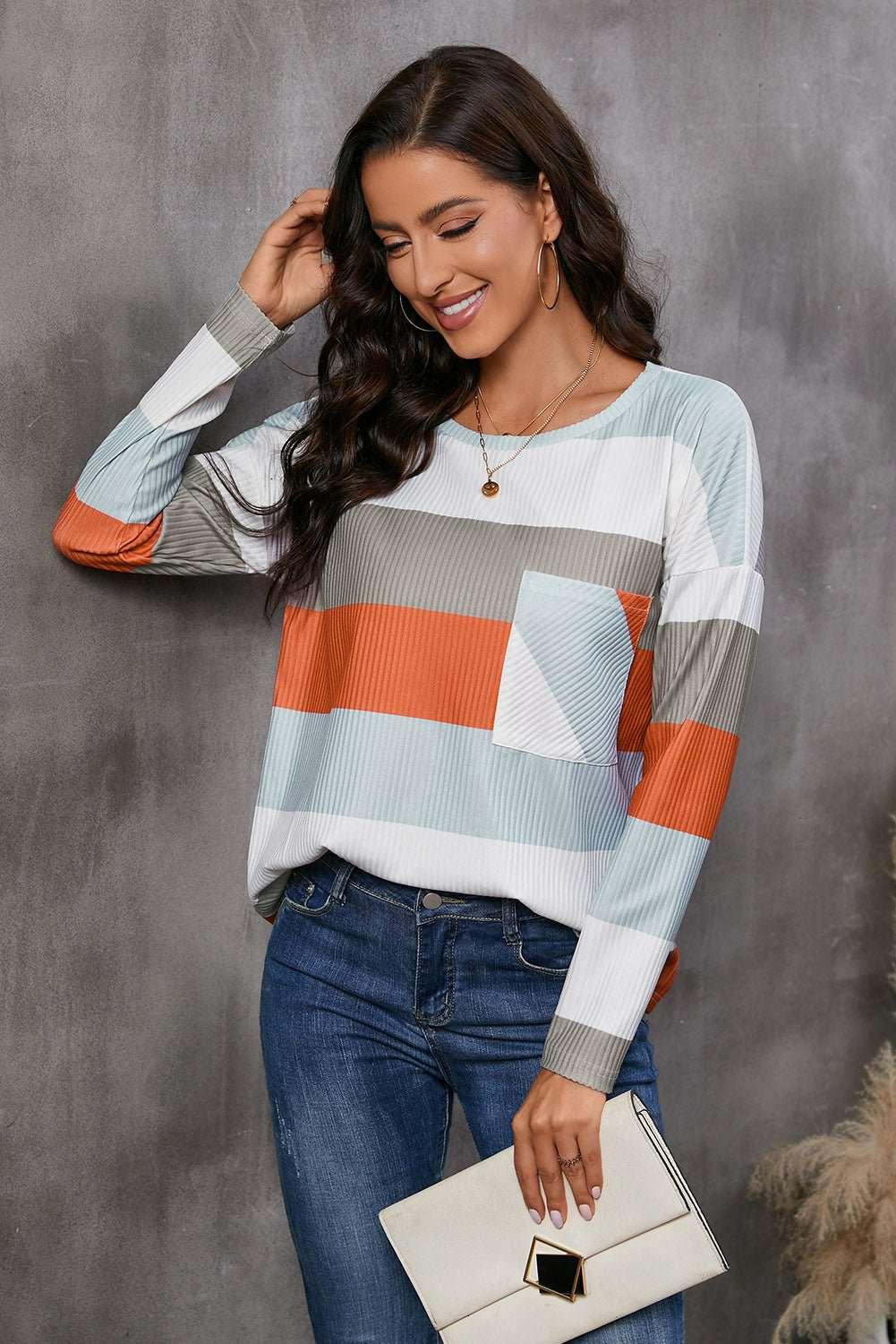 Wide Stripe Top with Pocket - VILLA FASHION