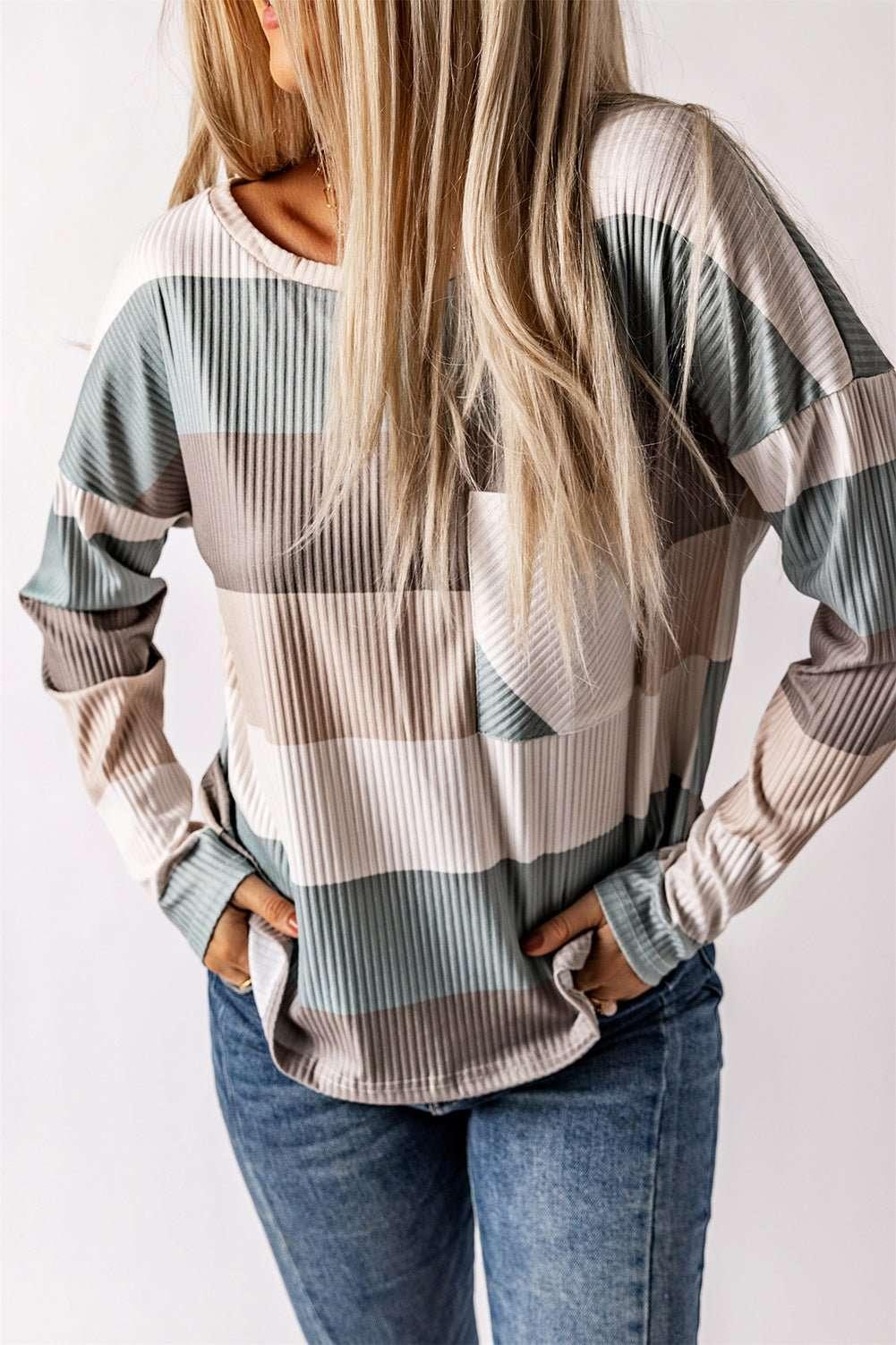 Wide Stripe Top with Pocket - VILLA FASHION