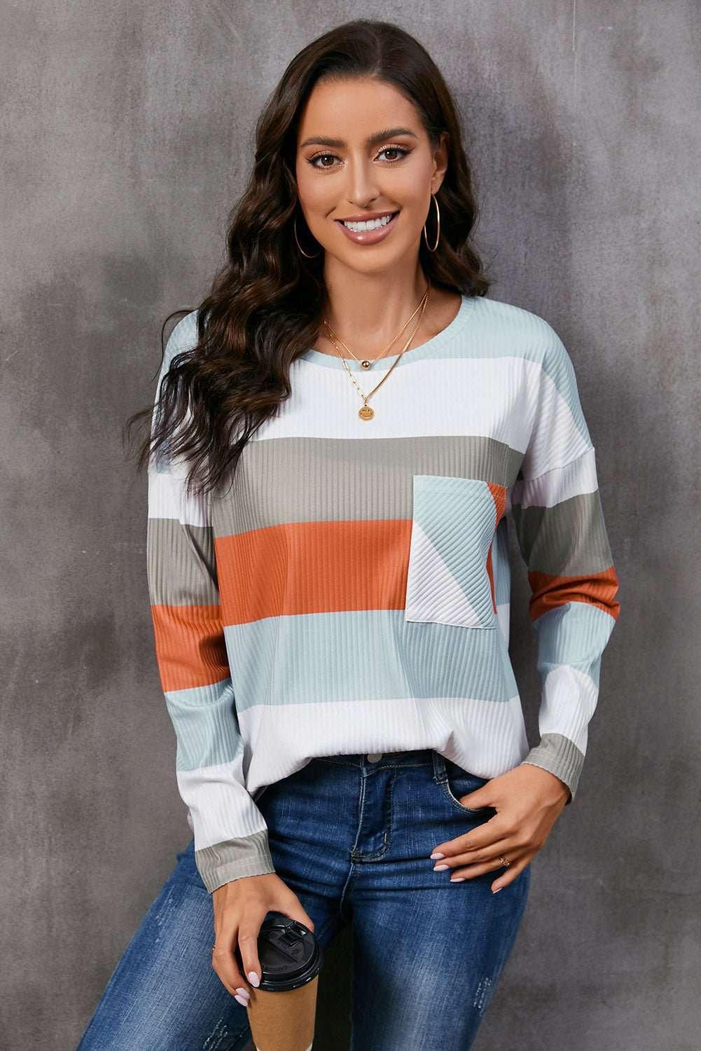 Wide Stripe Top with Pocket - VILLA FASHION