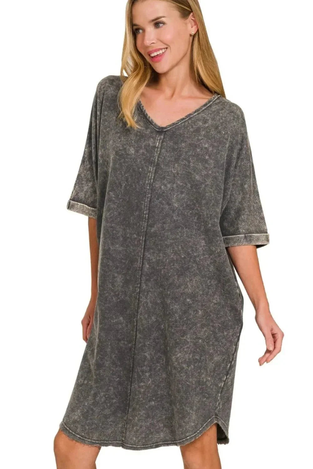 Zenana Acid - washed French Terry Tee Shirts Dress - VILLA FASHION