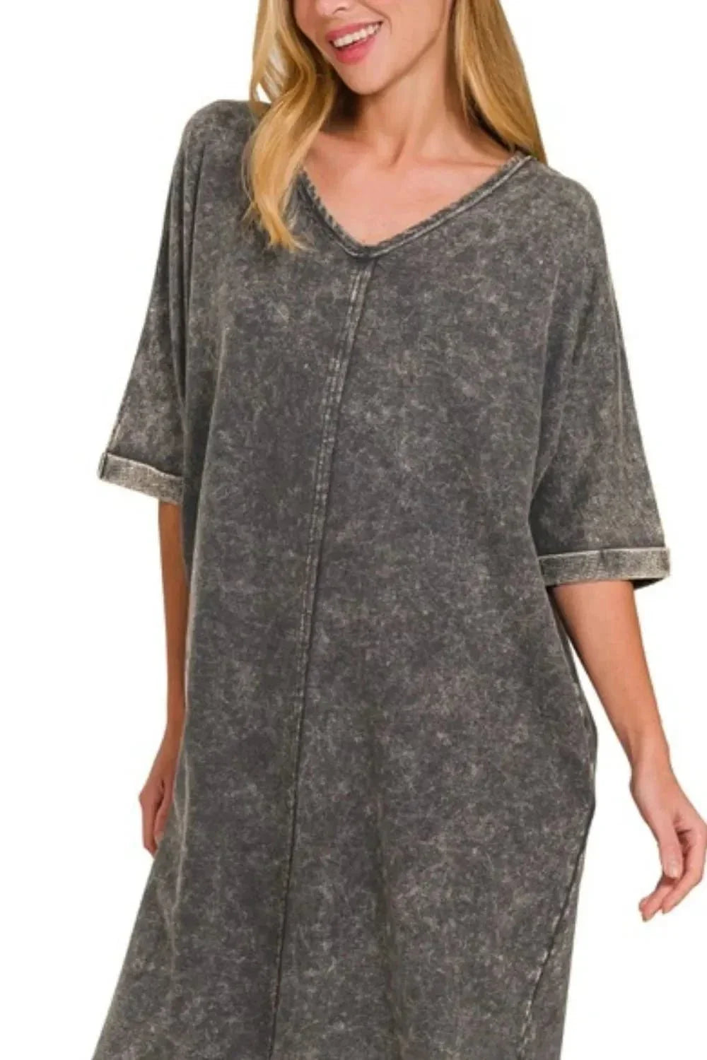 Zenana Acid - washed French Terry Tee Shirts Dress - VILLA FASHION