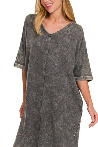 Zenana Acid - washed French Terry Tee Shirts Dress - VILLA FASHION