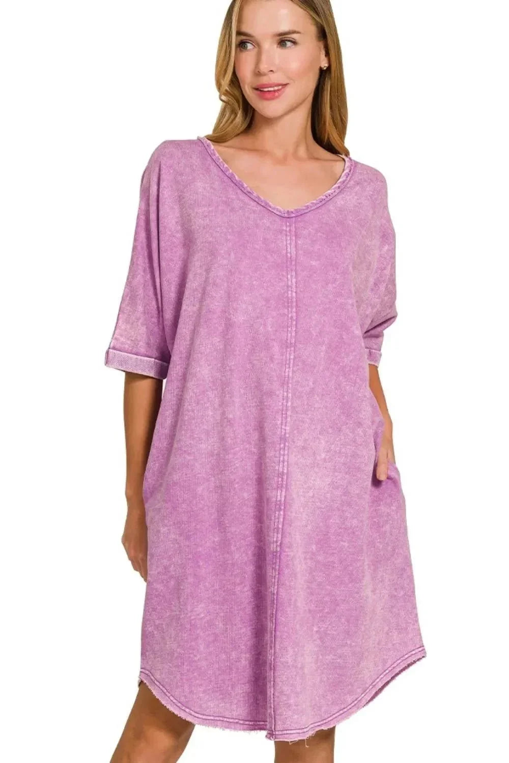Zenana Acid - washed French Terry Tee Shirts Dress - VILLA FASHION