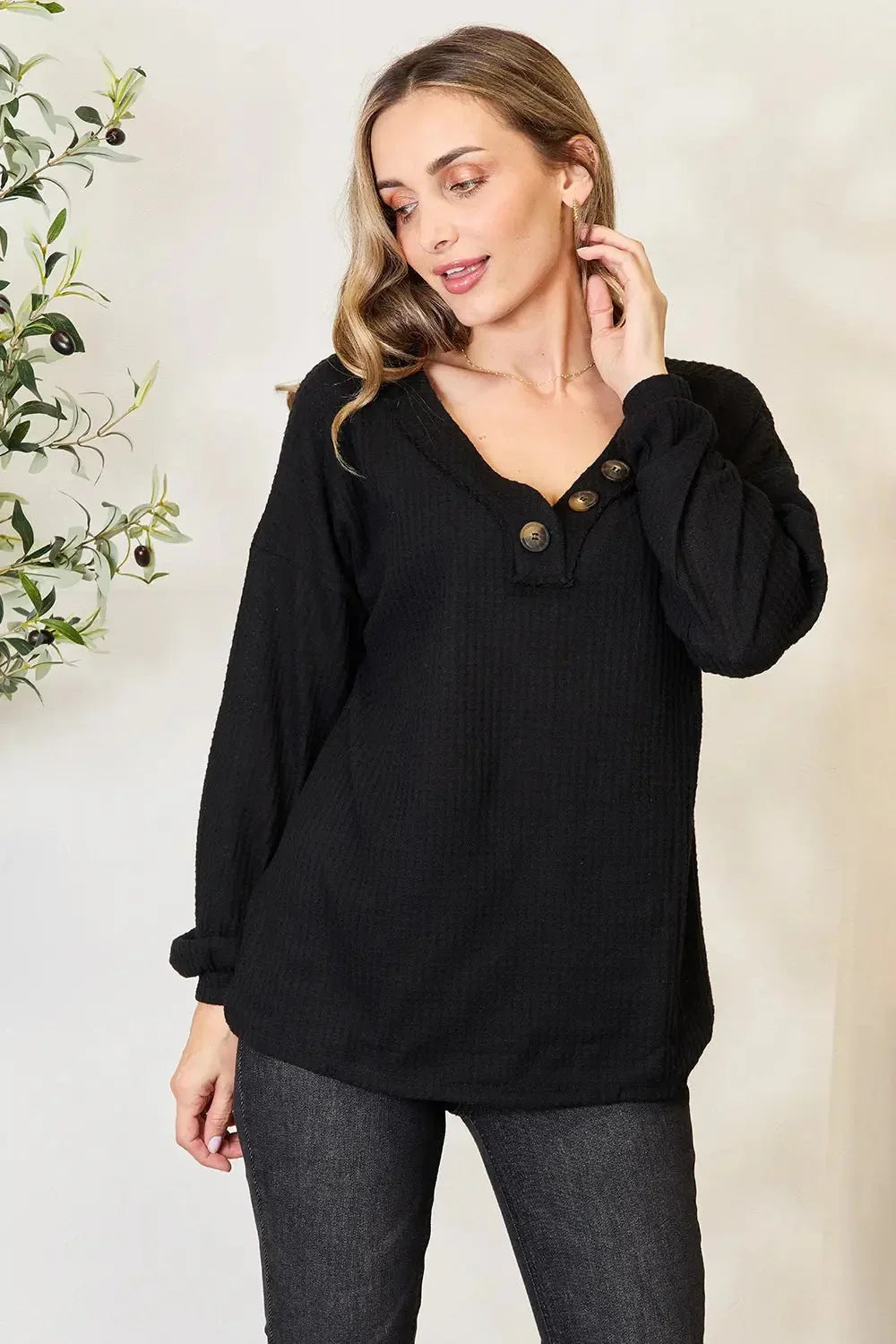 Zenana Buttoned Long Sleeve Blouse - VILLA FASHION