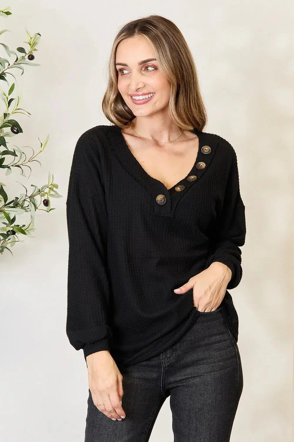 Zenana Buttoned Long Sleeve Blouse - VILLA FASHION