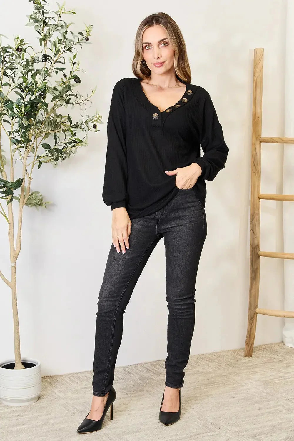 Zenana Buttoned Long Sleeve Blouse - VILLA FASHION