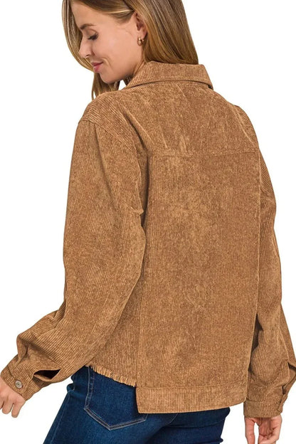 Zenana Distressed Corduroy Frayed Hem Cropped Jacket - VILLA FASHION