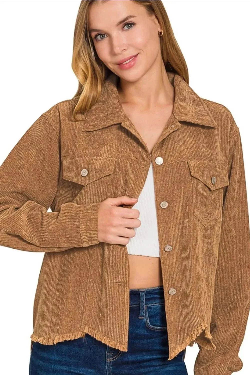Zenana Distressed Corduroy Frayed Hem Cropped Jacket - VILLA FASHION