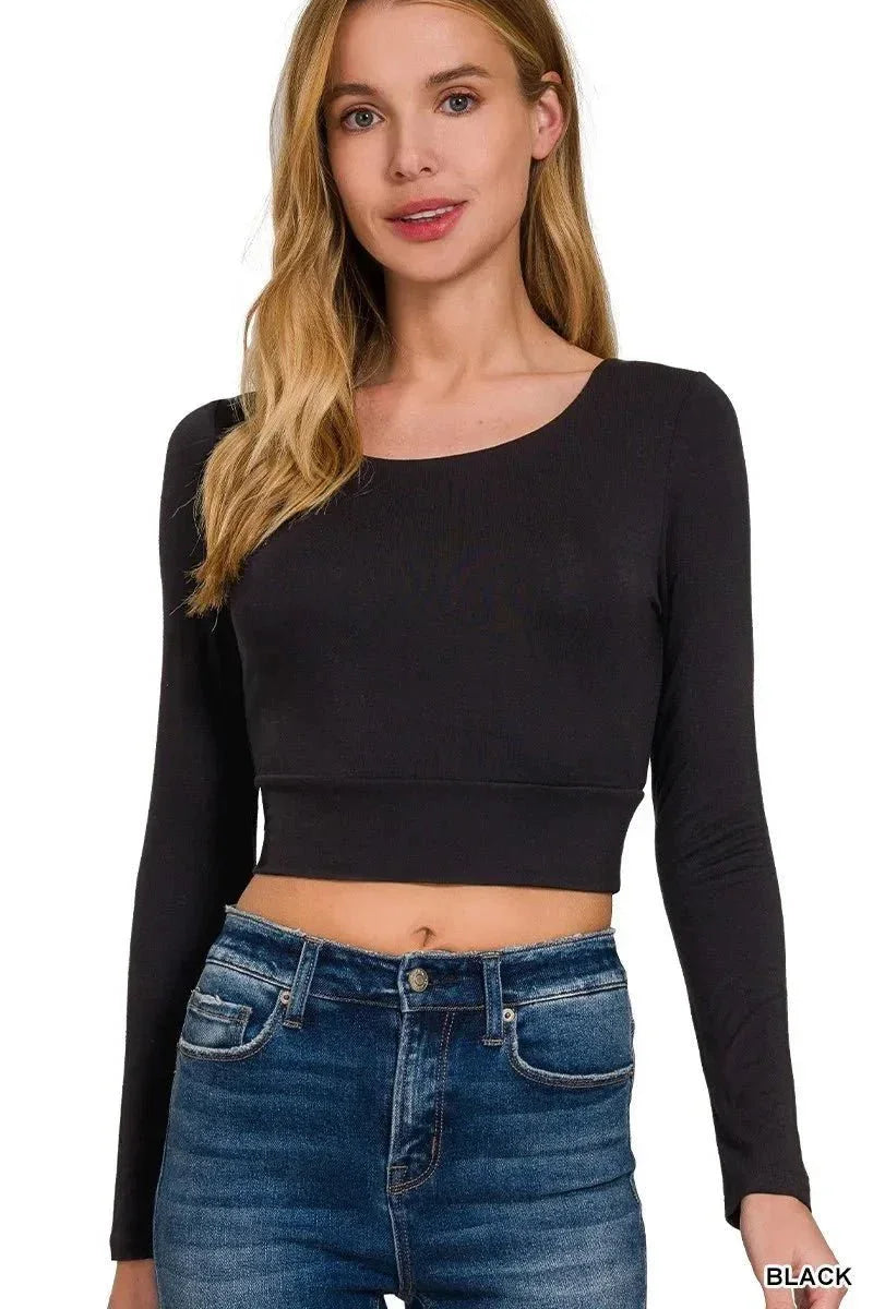 Zenana Double Layered Long Sleeve Cropped Round Neck T-Shirt - VILLA FASHION