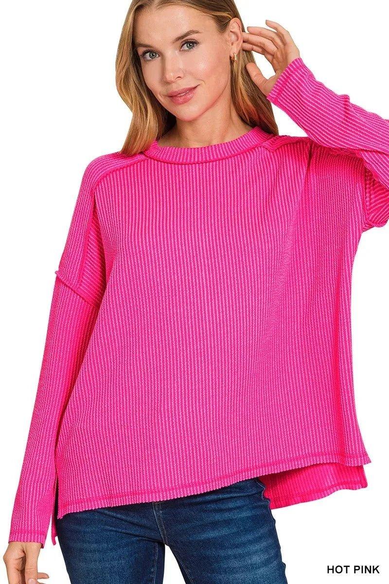 Zenana Exposed Seam Long Sleeve Corded Rib Knit Top - VILLA FASHION
