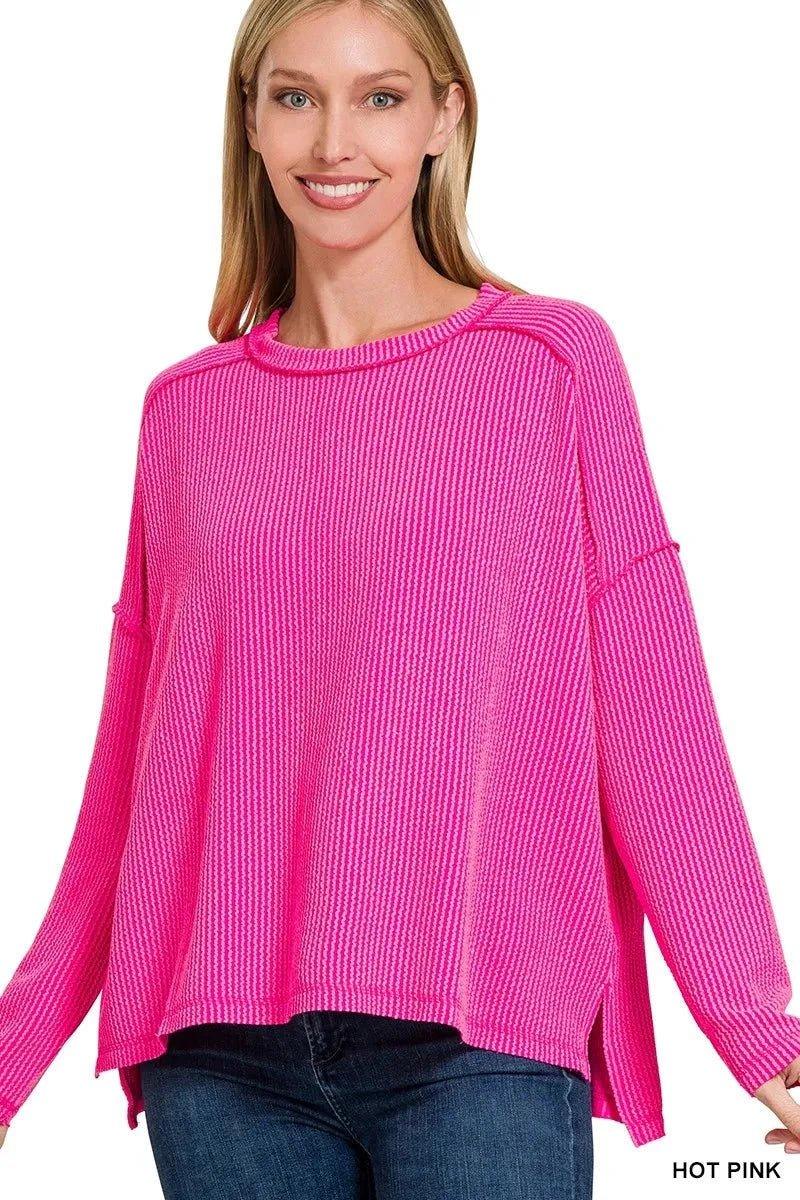 Zenana Exposed Seam Long Sleeve Corded Rib Knit Top - VILLA FASHION