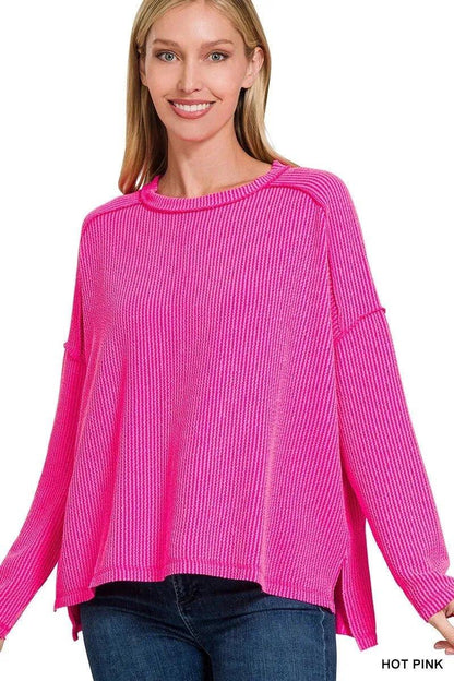 Zenana Exposed Seam Long Sleeve Corded Rib Knit Top - VILLA FASHION