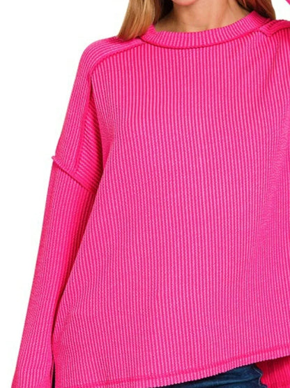 Zenana Exposed Seam Long Sleeve Corded Rib Knit Top - VILLA FASHION