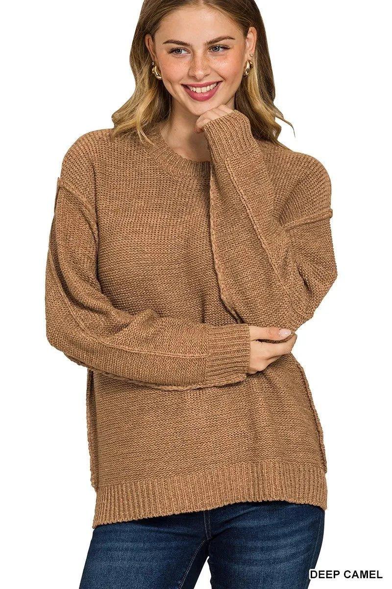 Zenana Exposed Seam Round Neck Sweater - VILLA FASHION