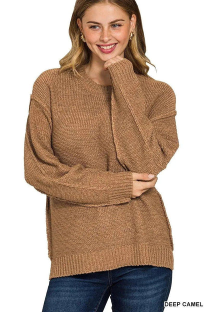 Zenana Exposed Seam Round Neck Sweater - VILLA FASHION