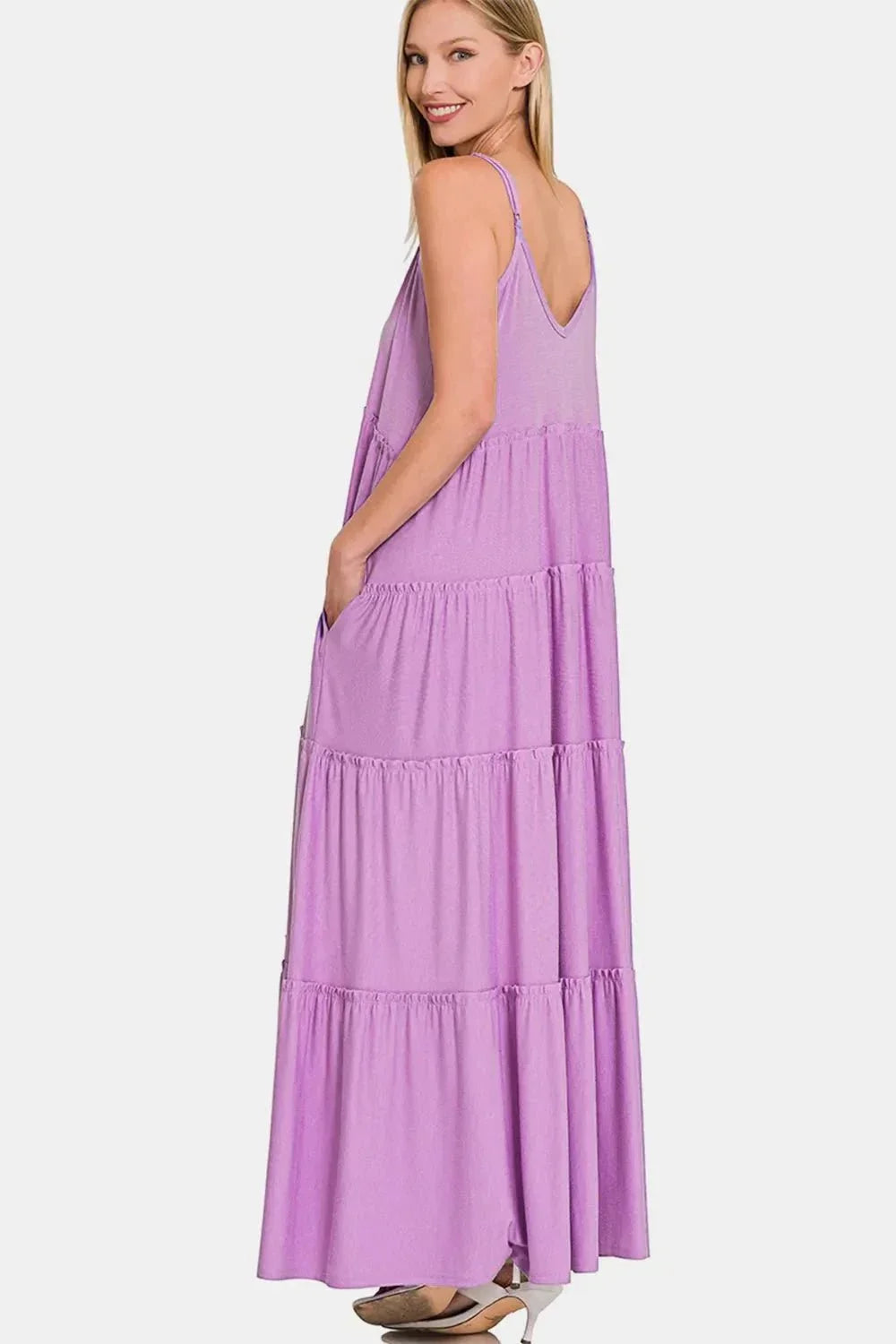 Zenana Frill Tiered V - Neck Maxi Cami Dress - VILLA FASHION