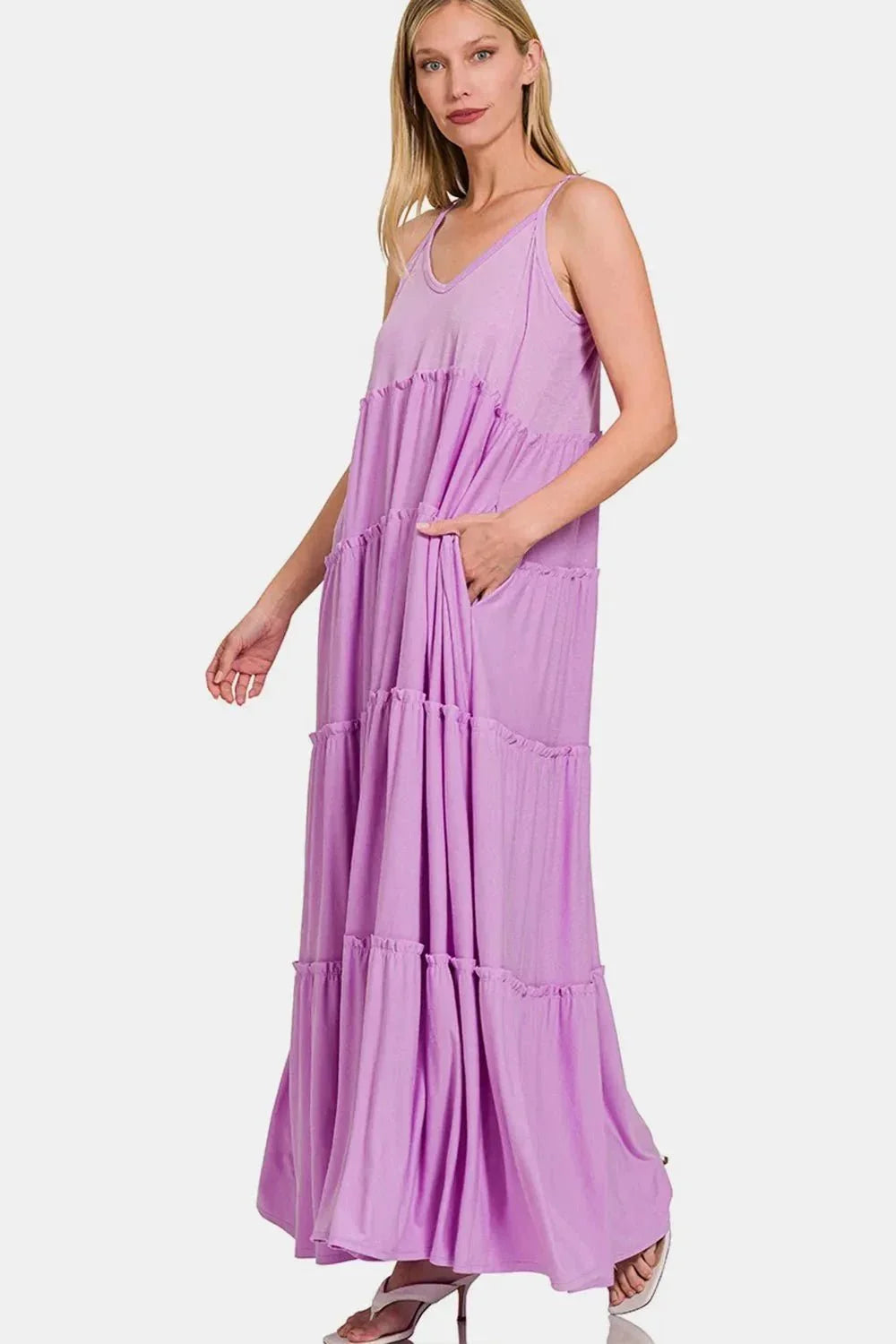 Zenana Frill Tiered V - Neck Maxi Cami Dress - VILLA FASHION