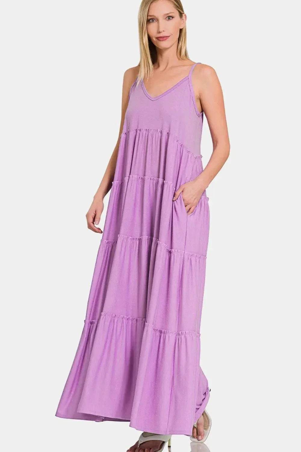 Zenana Frill Tiered V - Neck Maxi Cami Dress - VILLA FASHION