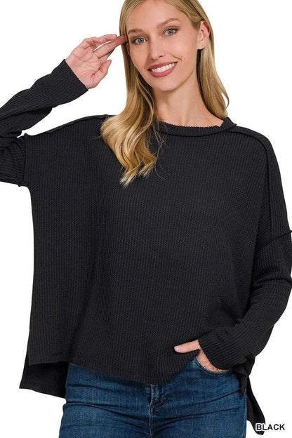Zenana Full Size Exposed Seam Long Sleeve Corded Rib Knit Top Plus Size - VILLA FASHION