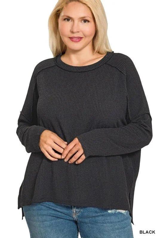 Zenana Full Size Exposed Seam Long Sleeve Corded Rib Knit Top Plus Size - VILLA FASHION