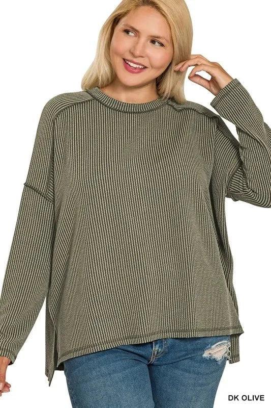 Zenana Full Size Exposed Seam Long Sleeve Corded Rib Knit Top Plus Size - VILLA FASHION