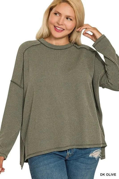 Zenana Full Size Exposed Seam Long Sleeve Corded Rib Knit Top Plus Size - VILLA FASHION