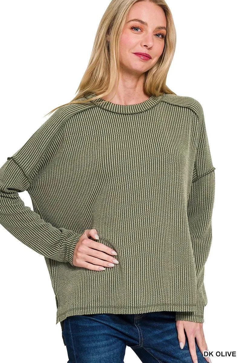 Zenana Full Size Exposed Seam Long Sleeve Corded Rib Knit Top Plus Size - VILLA FASHION
