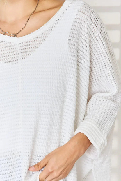 Zenana Full Size Waffle Knit V - Neck Long Sleeve Slit Top - VILLA FASHION