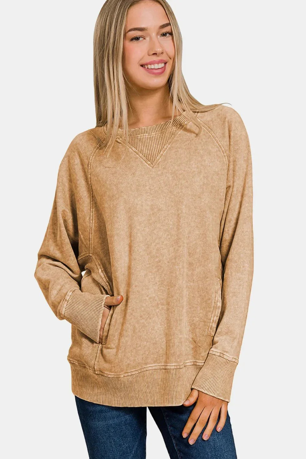 Zenana Pocketed Round Neck Sweatshirt - VILLA FASHION