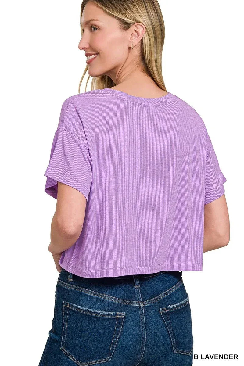 Zenana Ribbed Round - Neck Crop T-Shirt - VILLA FASHION