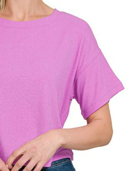 Zenana Ribbed Round - Neck Crop T-Shirt - VILLA FASHION
