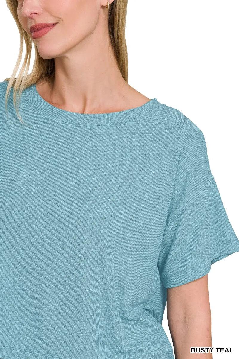 Zenana Ribbed Round - Neck Crop T-Shirt - VILLA FASHION